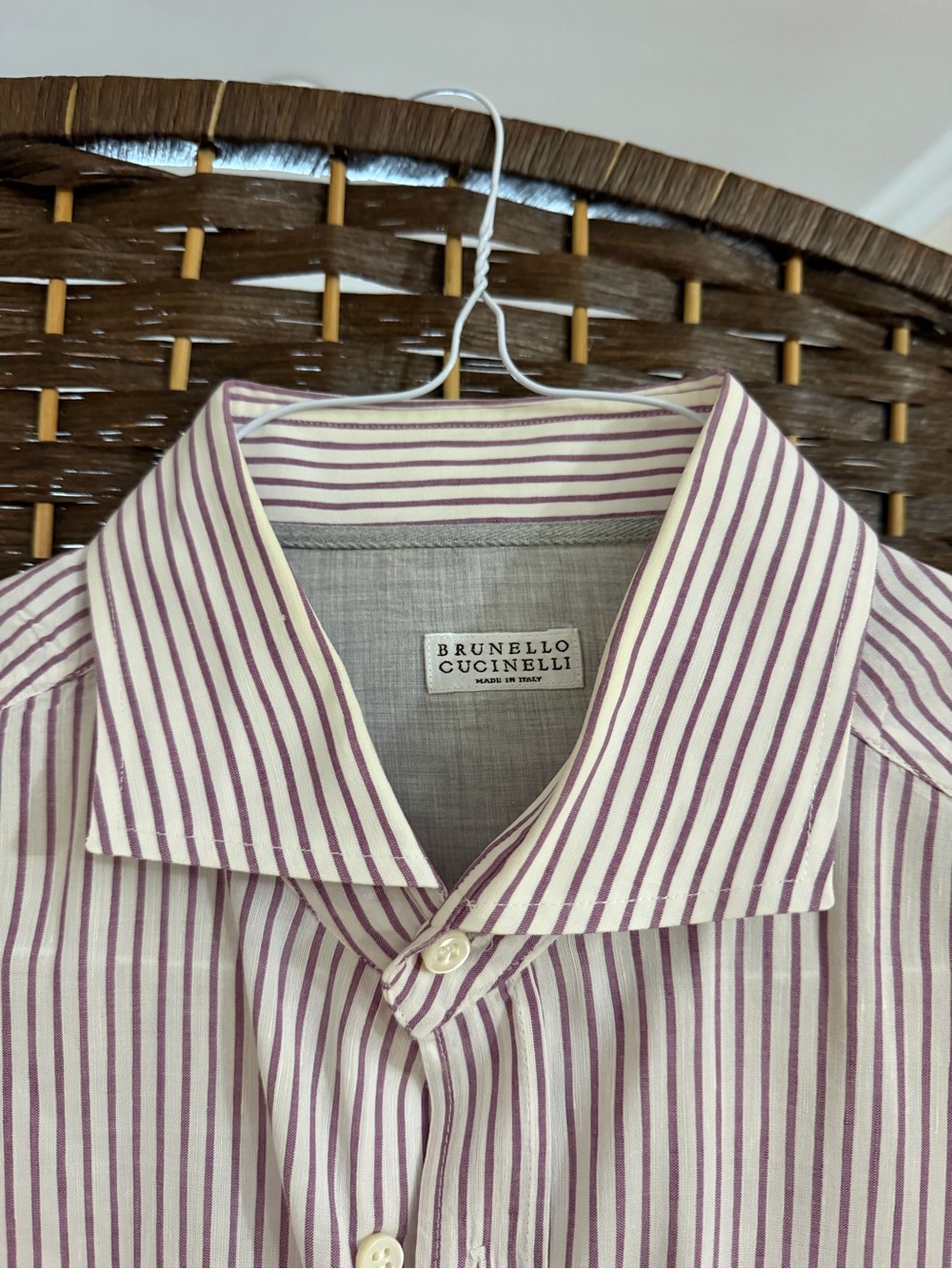 Brunello Cucinelli Men’s White and Purple Striped Dress Shirt